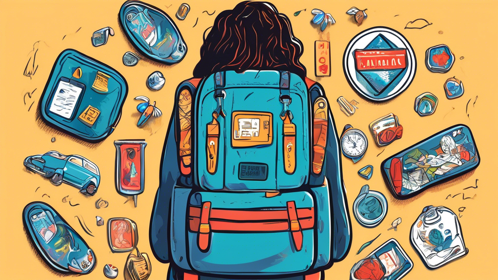 A stylish traveler confidently passing through airport security with a collection of vibrant enamel pins displayed on their backpack