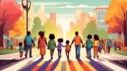 A diverse group of parents and children crossing the street together at a crosswalk, holding hands, with a park in the background, in a warm and friendly art style.