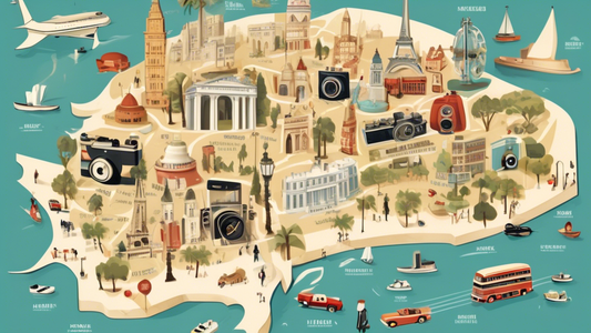 An illustrated map filled with iconic landmarks from top tourism destinations around the world, each landmark adorned with film reels and cameras, highlighting the cities most popular for movie filming