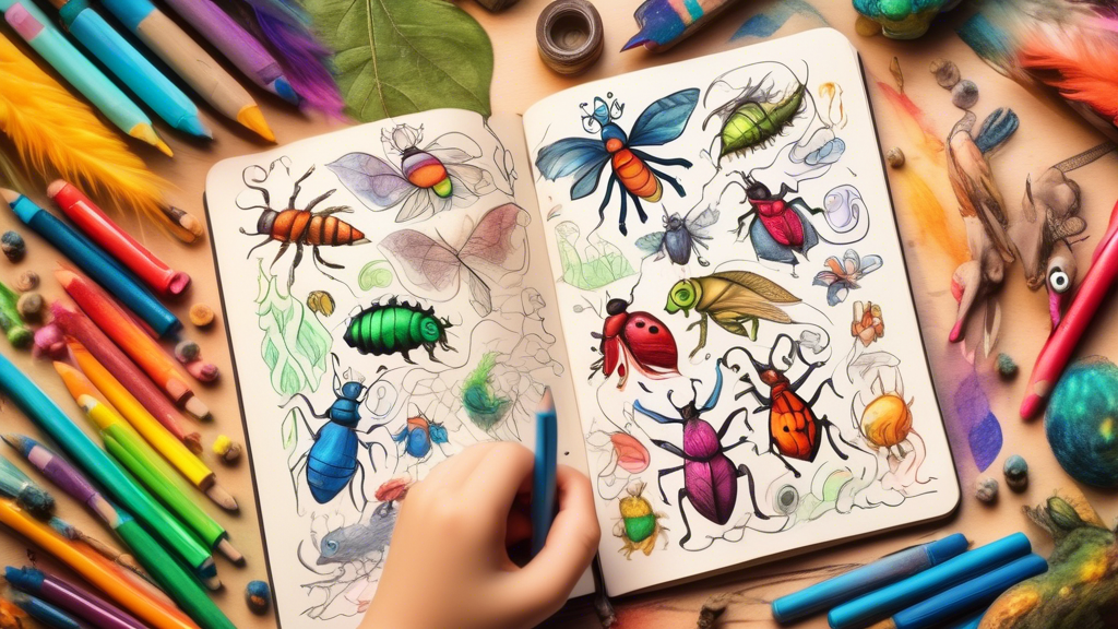 A child's hand writing a fantastical story in a notebook, surrounded by colorful crayons and imagined creatures coming to life from the page.