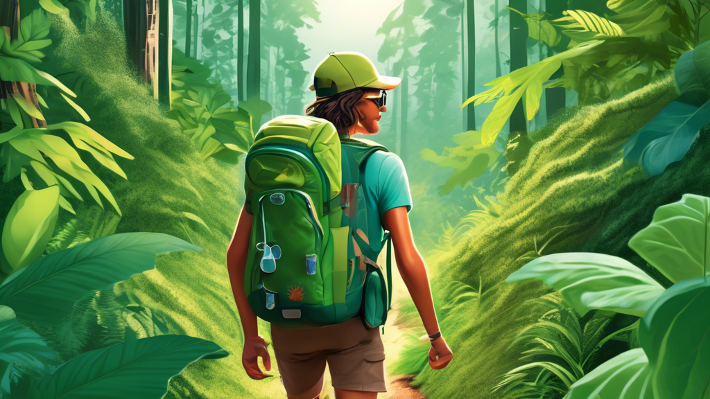 A photorealistic image of a backpacker hiking through a lush forest, wearing sustainable clothing and gear, with a reusable water bottle and solar panels attached to their backpack.