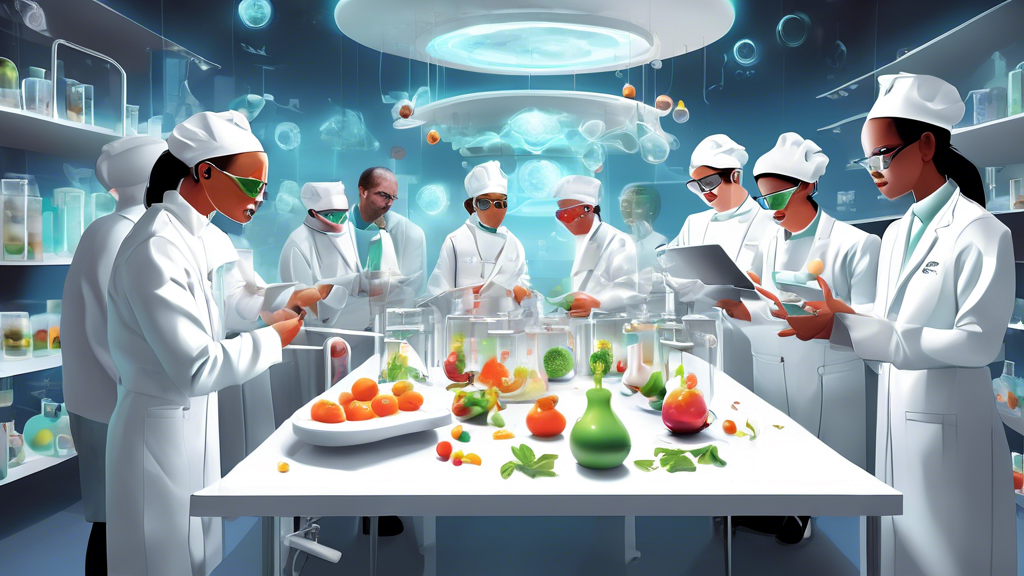 Digital illustration of a futuristic food science classroom with students and professors engaging in an interactive molecular gastronomy experiment.