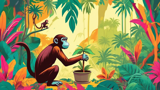 Illustration of a monkey copying a human planting a tree in a colorful jungle setting.