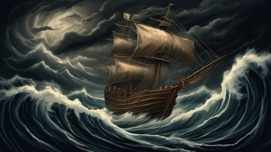 An ancient mariner steering a wooden ship through stormy seas with large, imposing waves shaped like world maps and country borders under a dark, stormy sky.