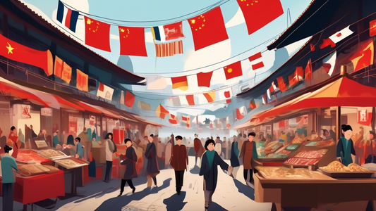 A bustling futuristic marketplace representing the fusion of Chinese and German cultures, with flags of both countries flying over stalls selling a variety of goods.