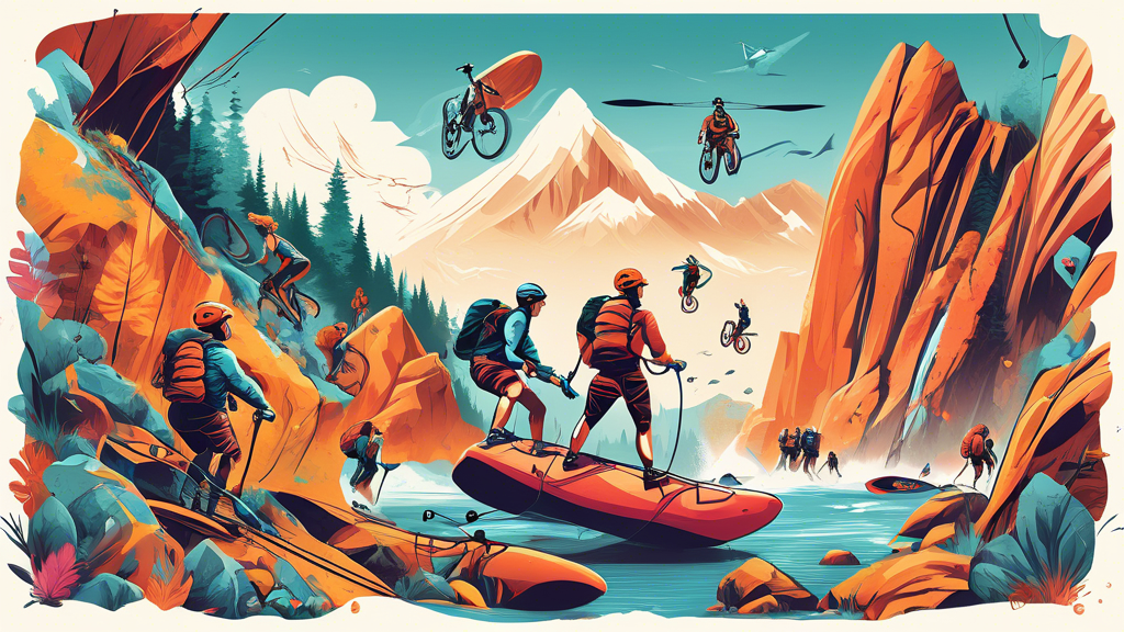 A vibrant, action-packed illustration showcasing diverse people using high-tech outdoor gear while engaging in various adventure sports such as rock climbing, mountain biking, and kayaking in a breathtaking, wild landscape setting.