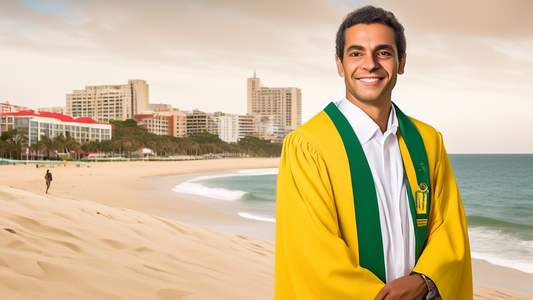 A Brazilian man in academic regalia stands proudly in front of a backdrop split between the Boston University campus and a beach with www.marcosbellizia.com.br subtly woven into the sand.