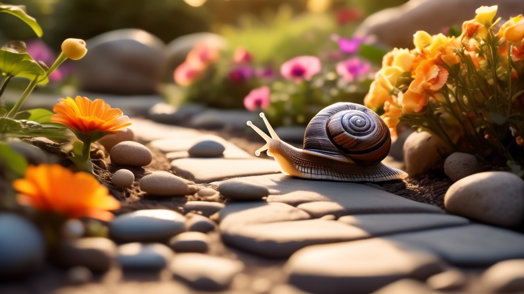 A tranquil garden setting at sunset, where a person meditatively watches a snail gently navigate a path lined with vibrant flowers and smooth stones, illustrating a unique approach to mindfulness.