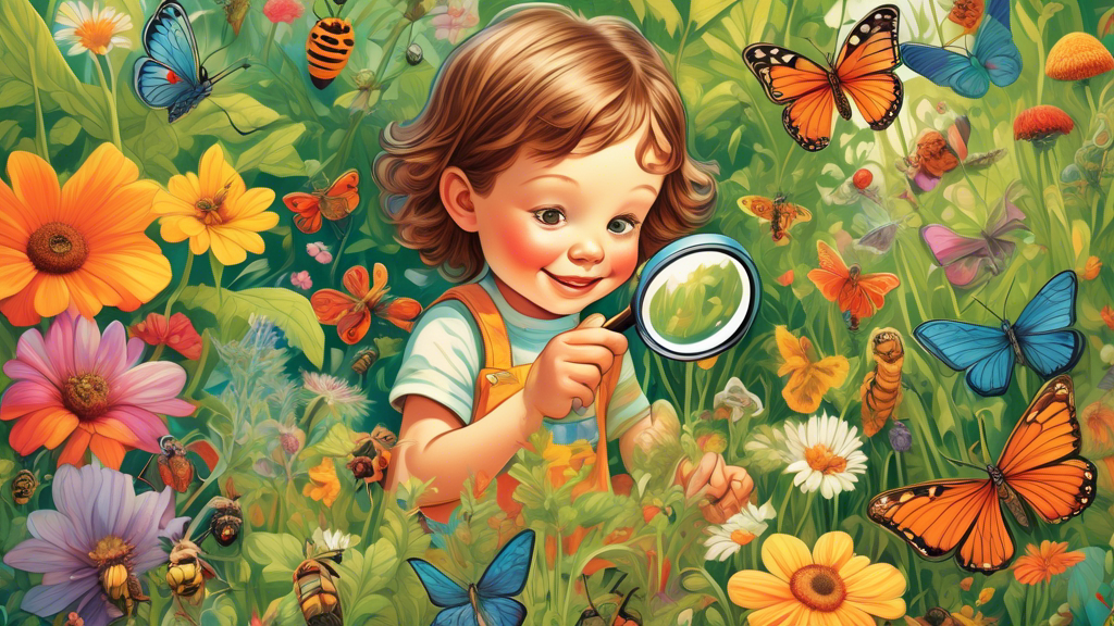 A vibrant, detailed illustration of a child with a magnifying glass observing a variety of colorful bugs in a lush backyard garden, showcasing butterflies, beetles, ladybugs, and bees among flowers and grass.