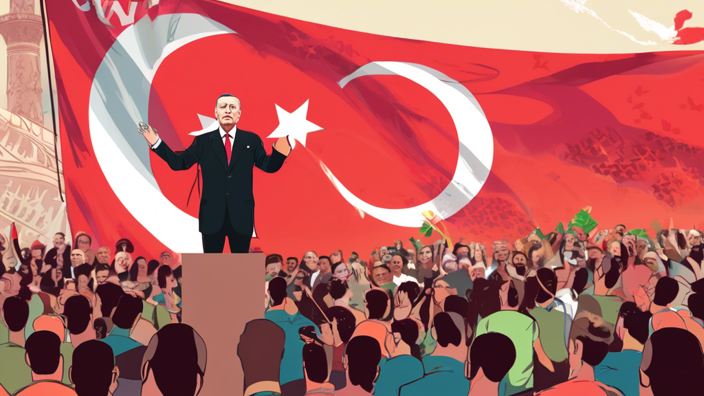 An illustration of President Erdogan standing at a podium, with a Turkish flag in the background, holding an olive branch while addressing a diverse crowd of animated Turkish citizens under a banner that reads 'Unity and Renewal.'