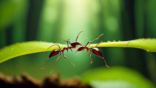 Close-up image of ants forming a bridge to cross a gap between two leaves in a lush forest, showcasing their acrobatic teamwork.