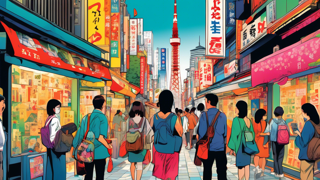 An artistic illustration of a diverse group of tourists exploring the vibrant streets of Tokyo, with iconic landmarks in the background, browsing through the colorful pages of a Tokyo Tourists Publication guide.