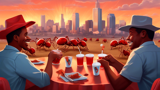 A digital painting of friendly Uber drivers offering cups of sweet tea to passengers while giant red fire ants construct the Texas skyline in the background.