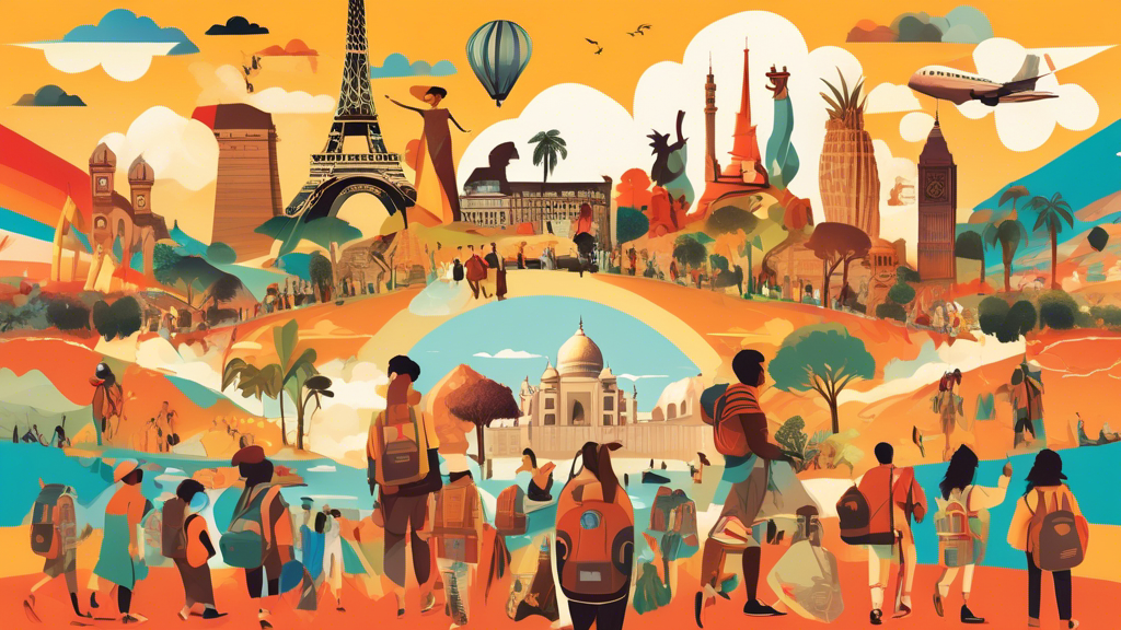 A collage showcasing diverse cultures, iconic landmarks from around the world, and people with backpacks traveling through various landscapes, under a bright and inviting sky, symbolizing the joys and benefits of traveling.