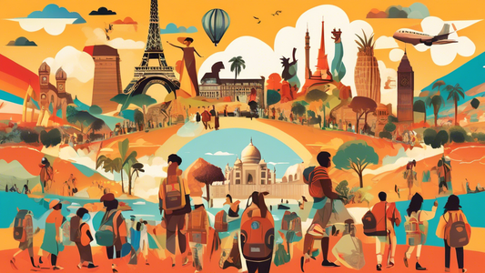 A collage showcasing diverse cultures, iconic landmarks from around the world, and people with backpacks traveling through various landscapes, under a bright and inviting sky, symbolizing the joys and benefits of traveling.