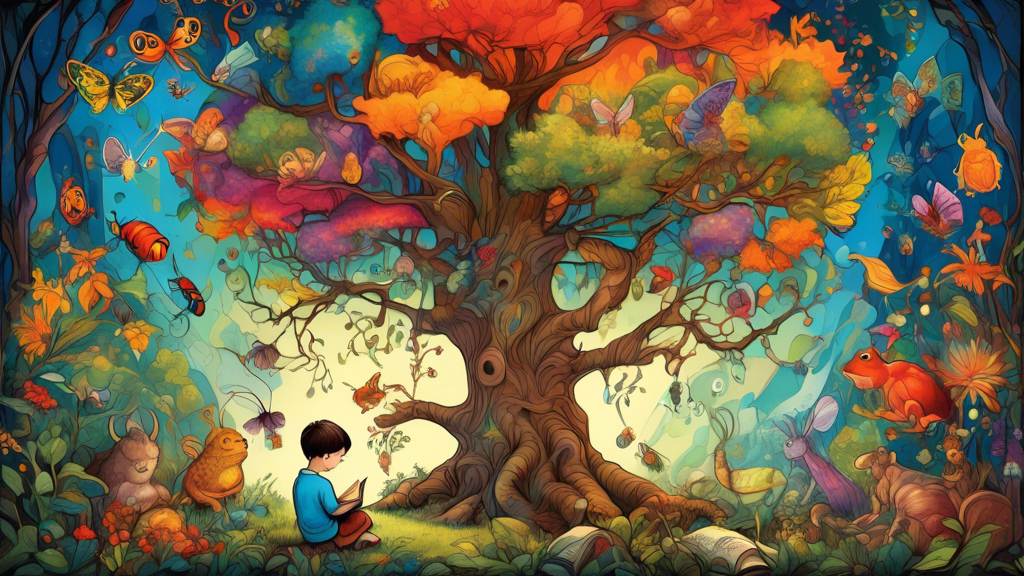 A whimsical storybook scene with a child reading a book under a tree, surrounded by fantastical creatures and vibrant colors, in the style of a classic children's book illustration.