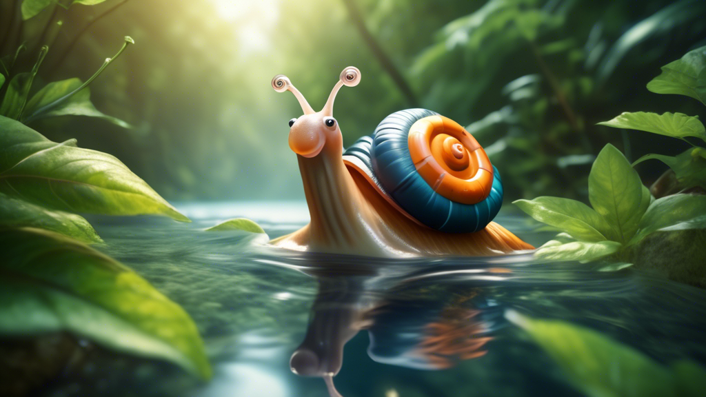 A happy snail wearing a life preserver, floating down a clear stream with lush foliage on the banks