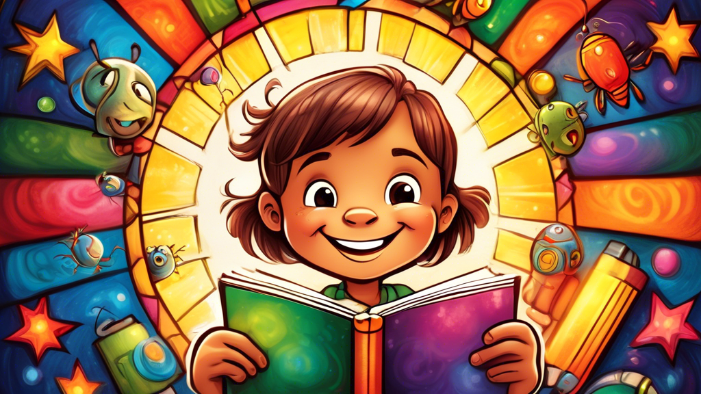 A smiling cartoon child holding a crayon, drawing a colorful storybook scene with a shining star and film reel above their head.