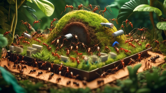 An animated, vibrant image of diverse ants working together to build an intricate, sustainable, and eco-friendly ant farm, surrounded by miniature conservation signs and tools, with a backdrop of a lush, protected forest.