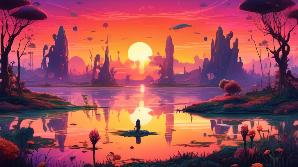 An awe-inspiring landscape during sunset with two suns on the horizon, reflecting on a serene lake, surrounded by alien flora and curious creatures, in a vibrant and otherworldly ecosystem.