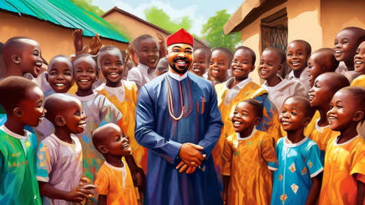 An illustrated portrait of Honourable Prince Idris Balogun (OLUOMO KAVATA) in regal attire, warmly engaging with smiling grassroots children in a vibrant community setting, depicting his philanthropic endeavors.