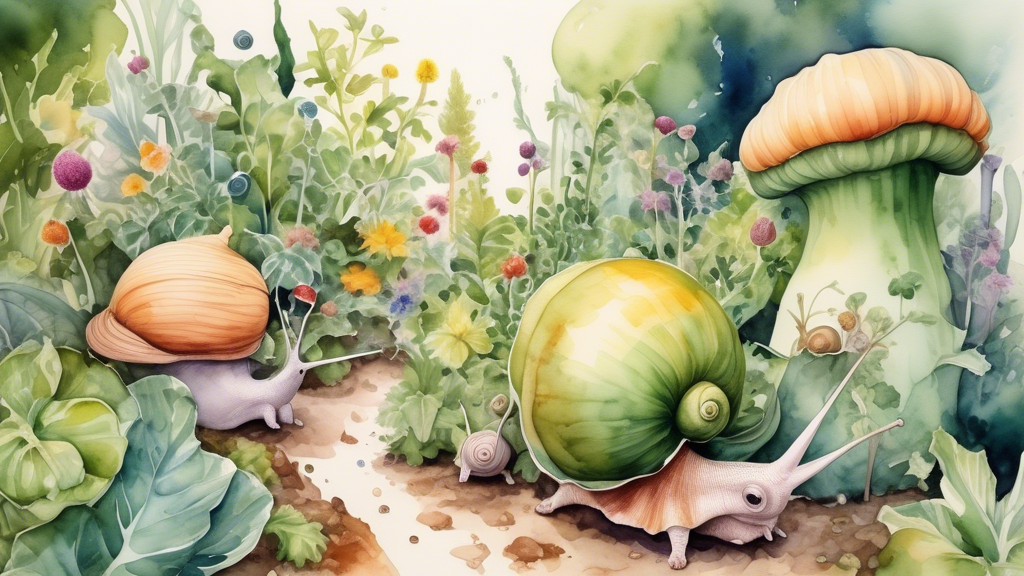 A whimsical watercolor painting of a lush garden with giant vegetables and friendly snails wearing tiny hats watering the plants