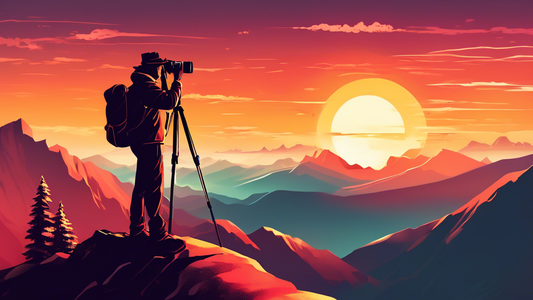 A visually rich illustration of an inspired individual standing on a mountain peak, holding a camera, with a breathtaking sunrise landscape in the background, symbolizing the rediscovery and passion for photography.