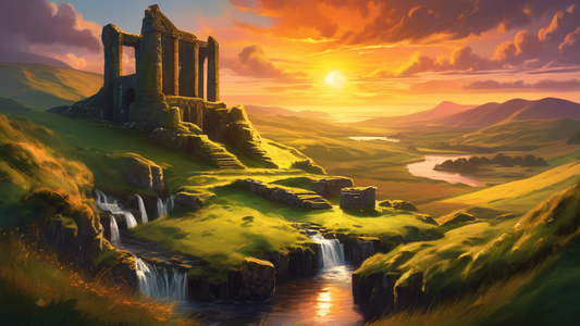 A magical and mysterious landscape showcasing ancient Celtic ruins, hidden waterfalls, and lush, rolling hills under a radiant sunset in Ireland.