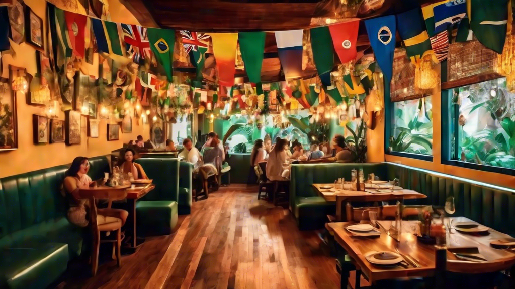 A cozy restaurant with small flags from around the world hanging from the ceiling,  diners enjoying meals from different cultures, and a map of the world on the wall.