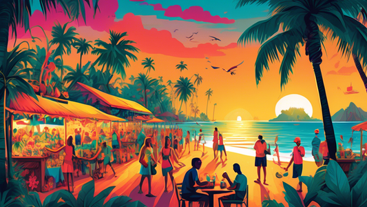 Vibrant illustration of key moments from a tropical week: a vivid sunset, a bustling beach market, a rainforest adventure, and a festive evening under the palm trees, depicted as a seamless panorama.