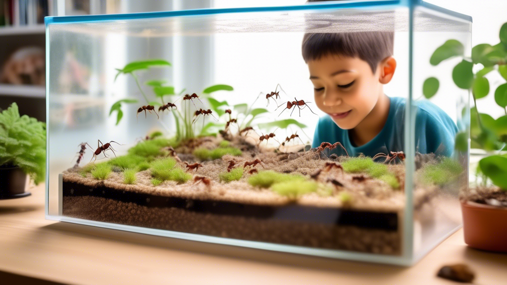 An enthusiastic beginner observing a transparent ant farm filled with intricate tunnels and diverse ant species, showcasing the setup process and essential tools in a bright, welcoming home environment.