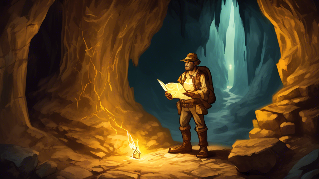 An adventurer holding a map and a pickaxe, standing at the entrance of a mysterious cave with visible gold veins on the walls, illuminated by a torch.