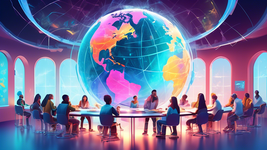 A futuristic classroom where diverse students collectively work on a large holographic globe, each contributing ideas for positive change, symbolizing unity and global impact.