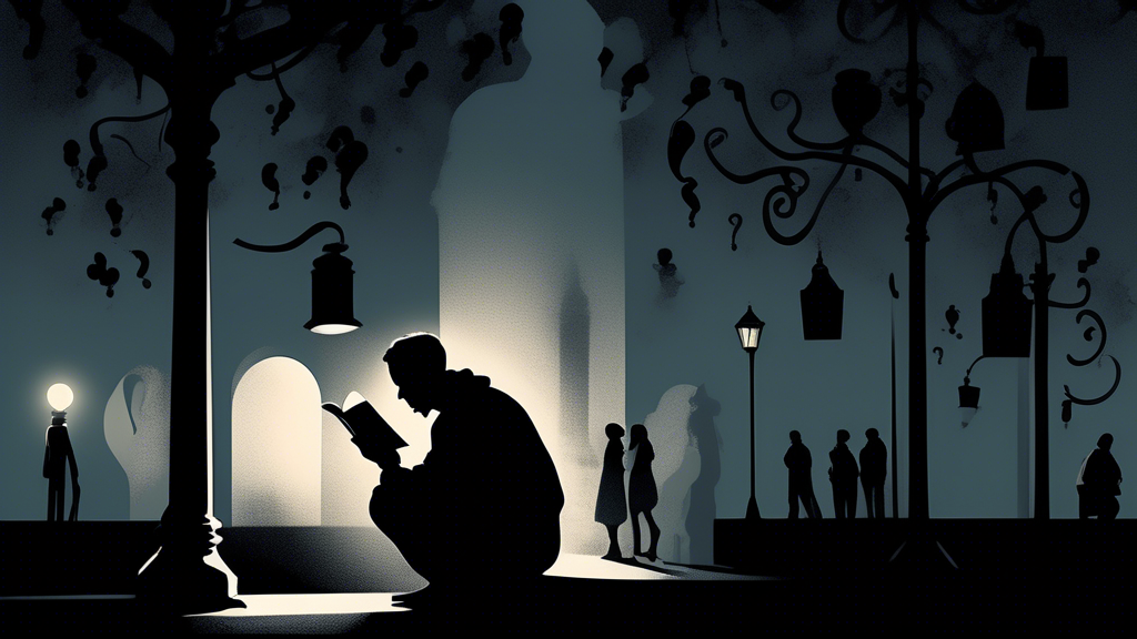 A contemplative figure sitting under a streetlamp at night, holding an open Bible while shadowy silhouettes of people with question marks over their heads surround them, highlighting a sense of inquiry and uncertainty.
