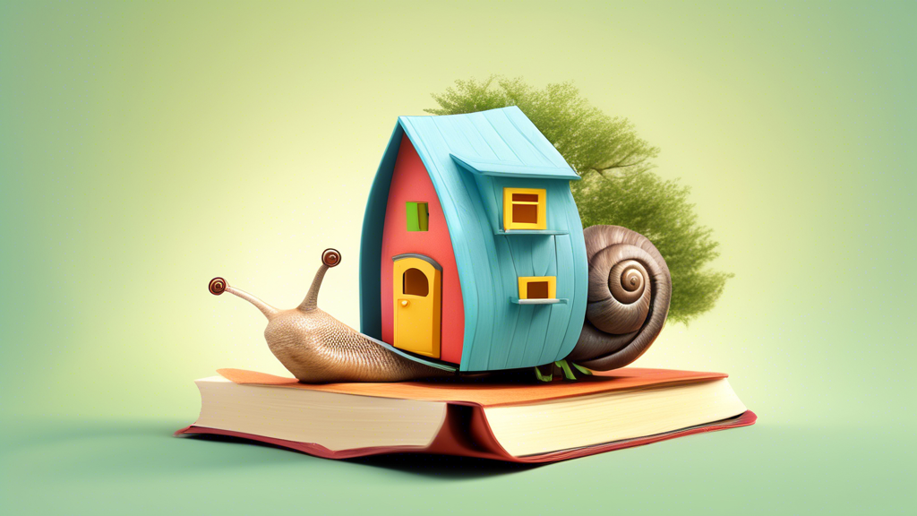 A snail with a tiny house on its back climbing up a tree