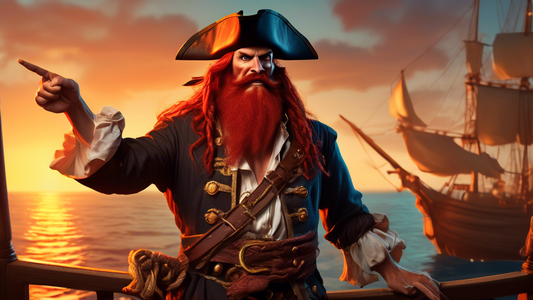 A fierce pirate captain with a long, braided blood-red beard, standing on the deck of an ancient galleon at sunset, holding a treasure map and pointing towards a mysterious island ahead.