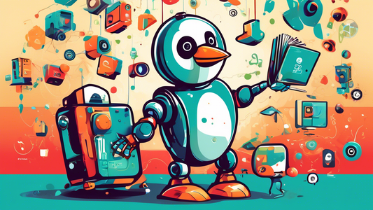 A friendly cartoon robot holding a linux penguin mascot while juggling different colored versions of the Node.js logo.