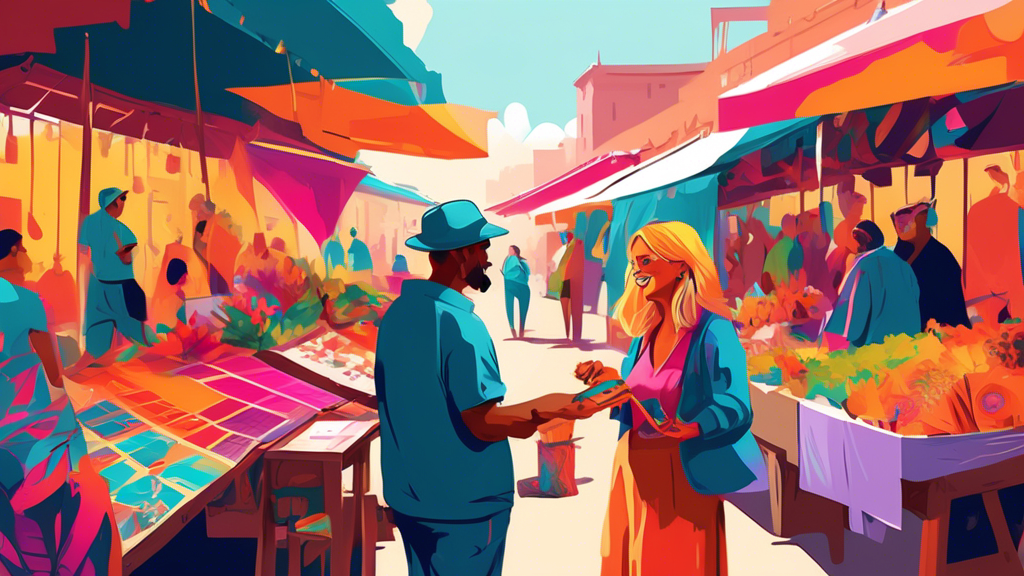 An artist selling their artwork directly to an enthusiastic buyer in a vibrant and colorful open-air market