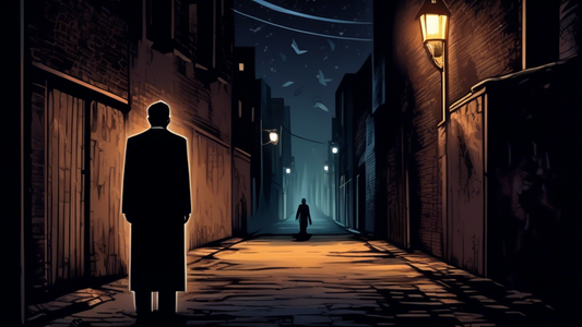 A shadowy figure lurking near a dimly lit alleyway adjacent to a lavish political gala, under a mysterious and ominous night sky.