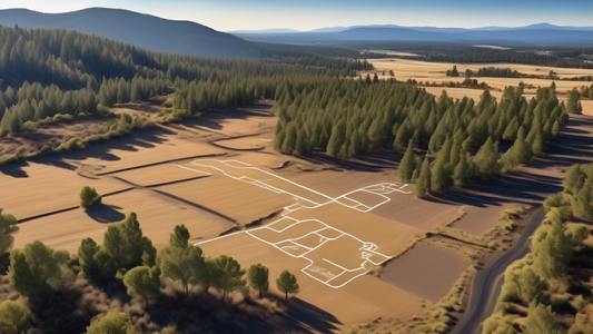 An aerial view of a picturesque, undeveloped piece of raw land in Klamath County, Oregon, with potential markers illustrating different benefits of investment, surrounded by natural beauty.