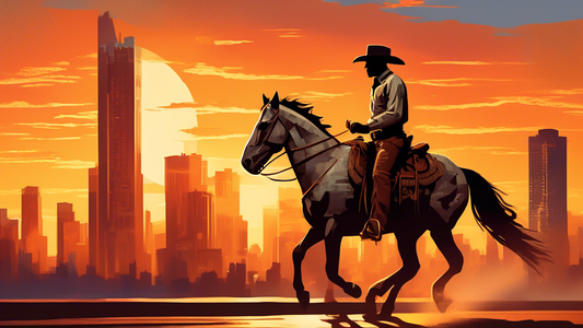 A lone cowboy dressed in traditional western attire, riding a horse made of shimmering concrete through a bustling modern city at sunset, with skyscrapers towering in the background and the warm glow of the setting sun casting long shadows on the streets.