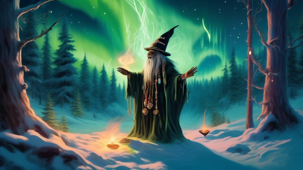 A wise witch doctor in traditional Norwegian attire, casting an enchanting love spell with glowing runes floating around, in a mystical forest of Norway under the aurora borealis.