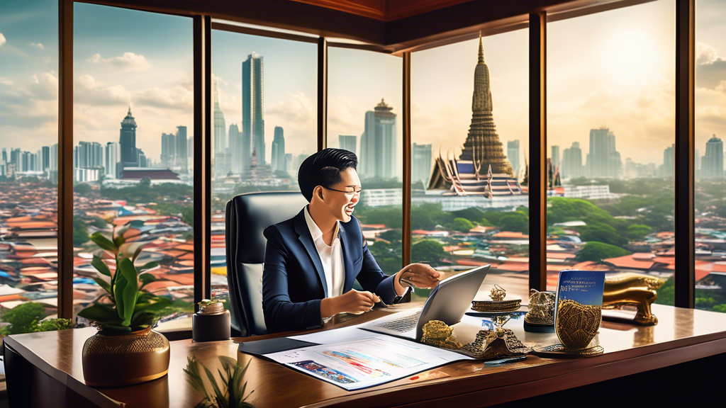 Create an image that depicts a business professional joyfully holding up a SMART (S) Visa in a modern Thai office setting. Include iconic Thai elements such as the Temple of the Emerald Buddha and bus