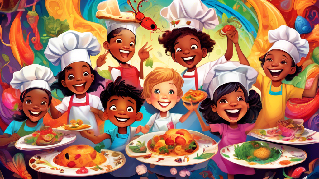 A group of diverse children wearing chef hats, smiling and holding up plates of colorful, fantastical food with storybook illustrations swirling around them.