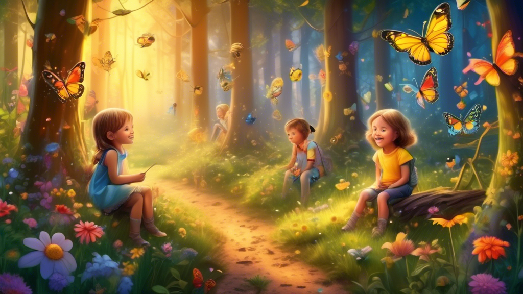 An enchanting forest glade at sunrise, filled with various friendly and colorful insects like butterflies, ladybugs, and bumblebees interacting harmoniously with smiling children, all under a magical, soft, glowing light.