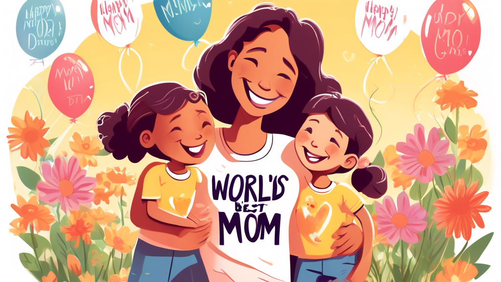 A heartwarming illustration of a smiling mom wearing a 'World's Best Mom' T-shirt surrounded by her happy children, giving her hugs and handmade Mother's Day cards, with a background of a sunlit park filled with flowers and balloons.