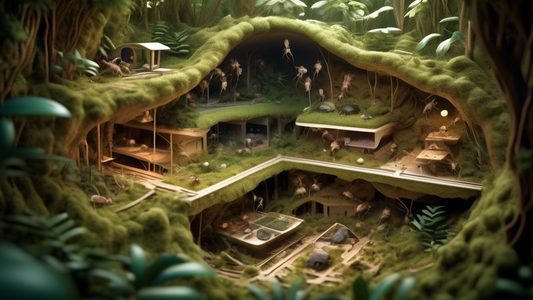 An intricate 3D cross-section view of an underground ant nest showcasing detailed architectural rooms, tunnels, and chambers with ants working inside, set in a lush forest environment.