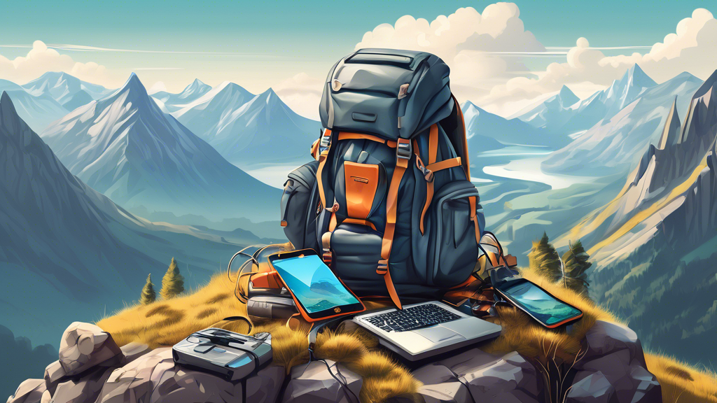 A detailed illustration of a backpack spilling over with high-tech outdoor gadgets and gear amidst a picturesque mountain landscape.