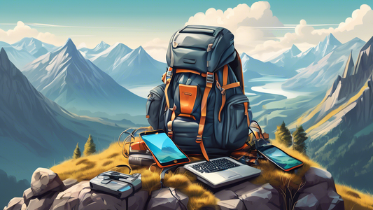 A detailed illustration of a backpack spilling over with high-tech outdoor gadgets and gear amidst a picturesque mountain landscape.