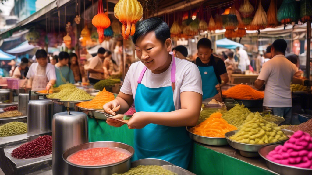 A vibrant food market bustling with excitement, where a skilled vendor is artfully preparing and serving colorful silkworm smoothies to intrigued and delighted customers.